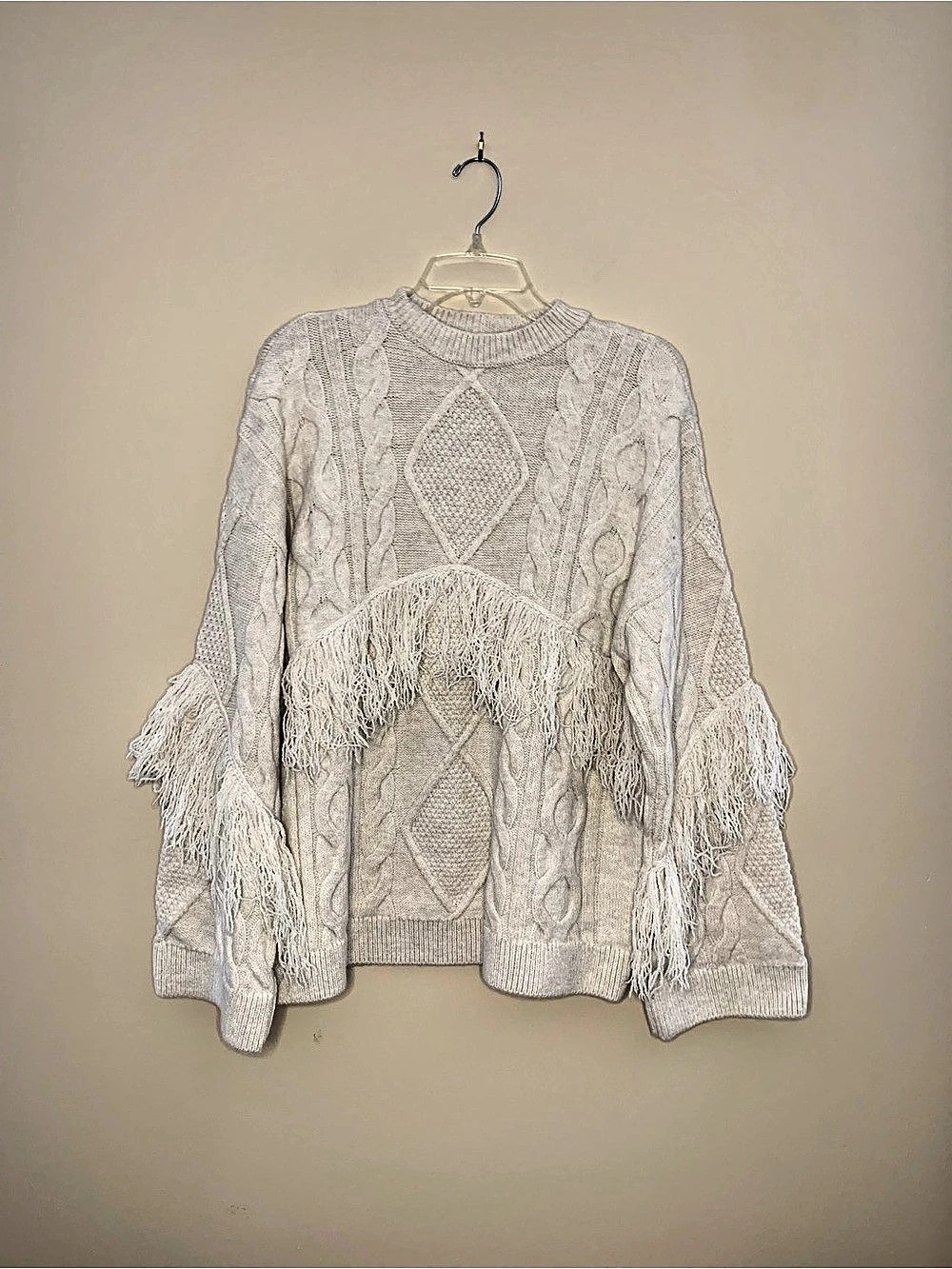 ASOS Design Pullover Oversized Cable Knit Fringe Cream Sweater Size S